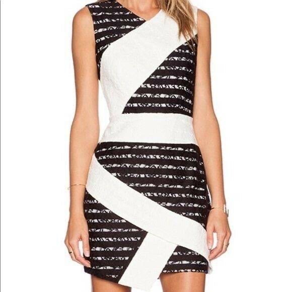 Bcbgmaxazria | Dalia Black And White Sleeveless Dress With Asymmetrical Hem